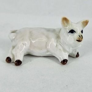 Vintage tiny hand painted miniature porcelain white piglet pig 1"